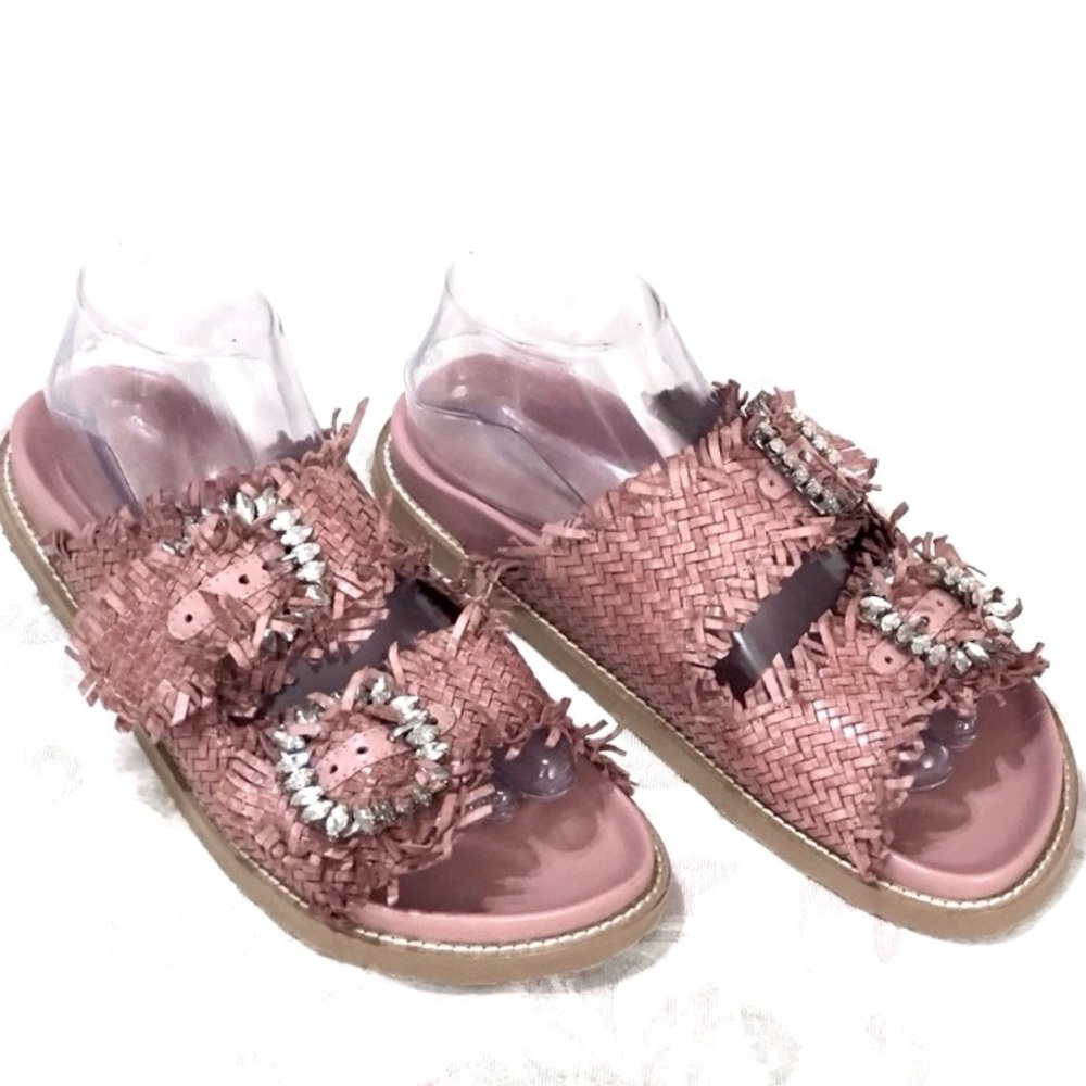 Anthropologie Coral Blue Italian Woven Leather Jeweled Footbed Buckle Sandal 8.5 - Picture 5 of 14